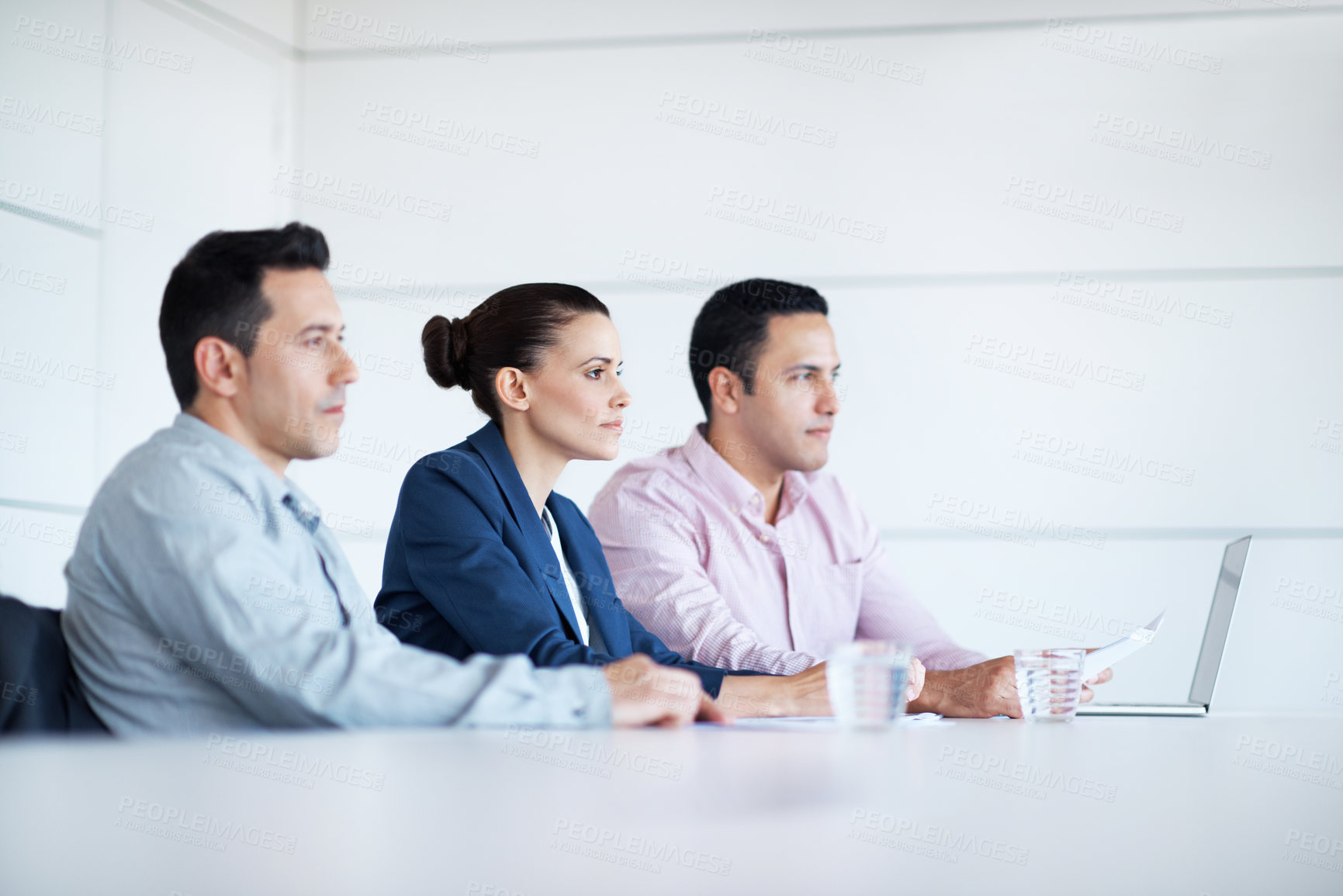 Buy stock photo Meeting, listening and advice with business people in office for planning, budget report and team. Account review, collaboration and consulting with employees in agency for feedback and update