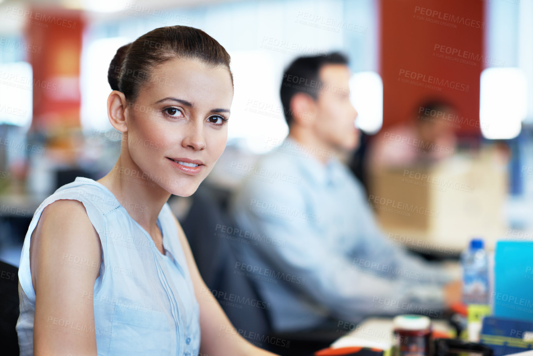 Buy stock photo Pride, woman and happy in office portrait for news production, media industry or about us. Newsroom, editor or confidence at coworking agency for publishing career, editing experience or professional