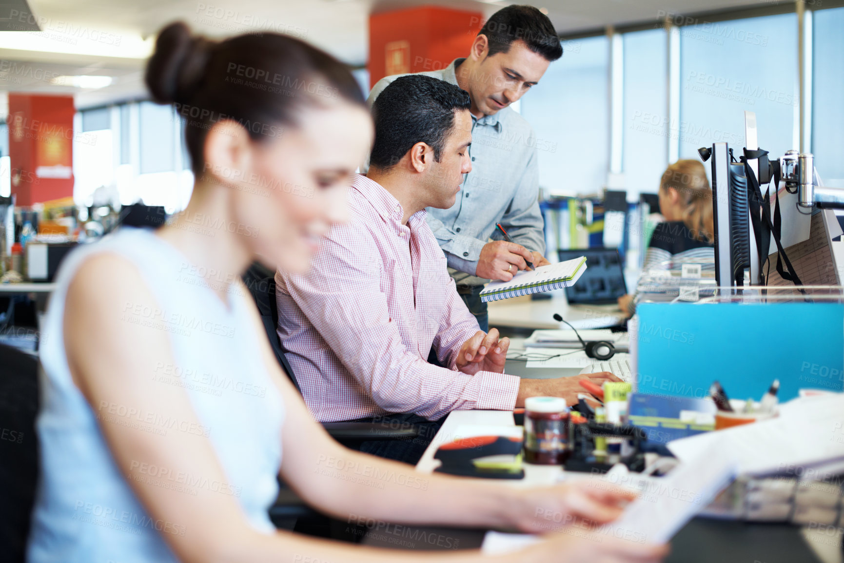 Buy stock photo Computer, team and advice on notebook in office for blog ideas, article tips and creative guidance. Tech, men and copywriter with notes for story planning, submission comments or editorial coworking