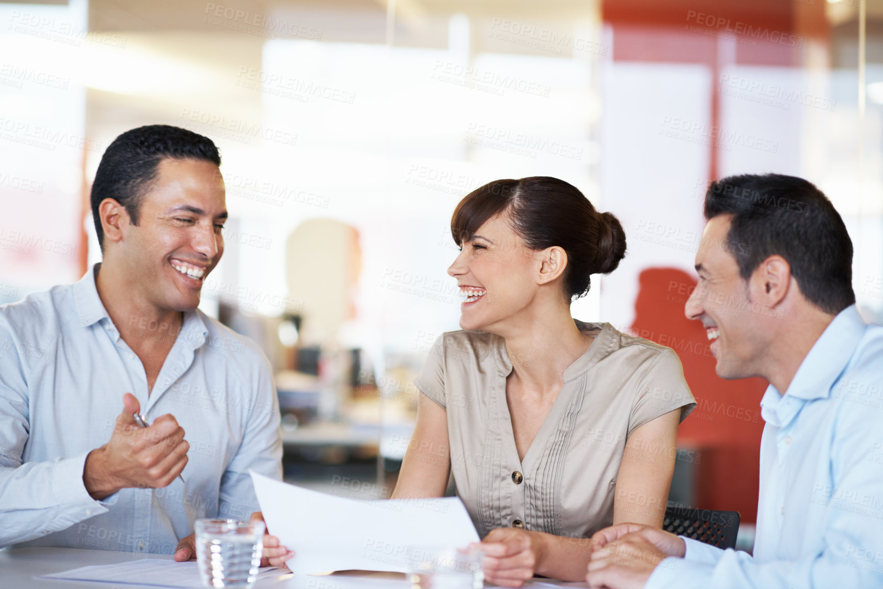 Buy stock photo Team, laughing and documents with business people in office for meeting, account review or research. Budget report, project advisor and funny joke with employees in agency for treasury feedback