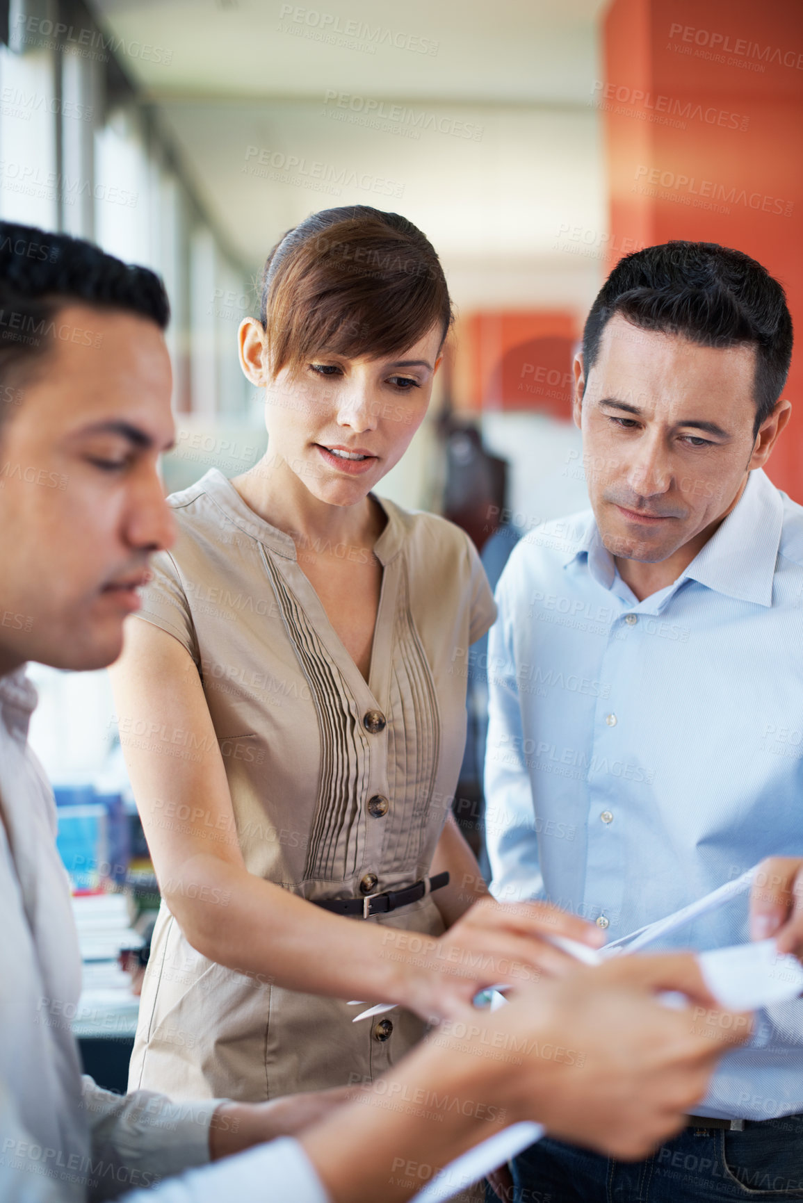 Buy stock photo Meeting, documents and reading with business people in office for planning, budget report and team. Account review, collaboration and consulting with employees in agency for feedback and update