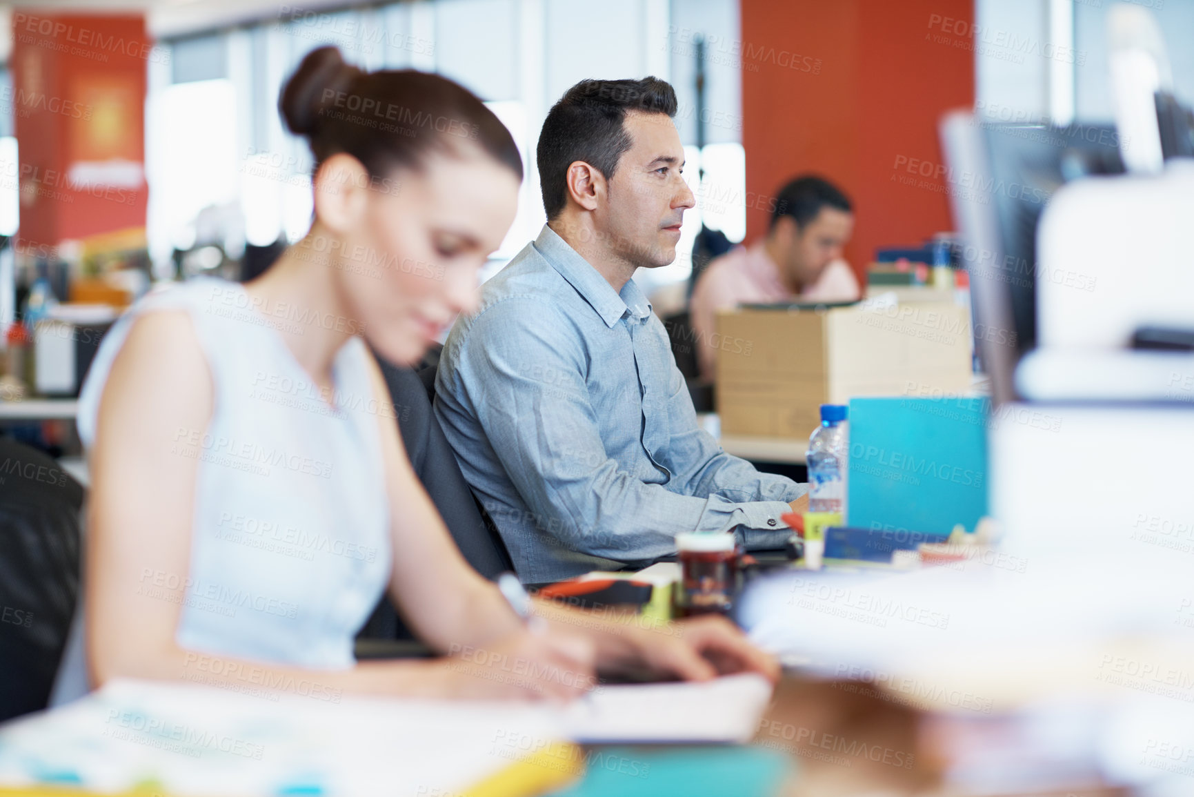 Buy stock photo Business, man and reading on computer in office for article review, fact checking and productivity. Tech, editor and proofreading at coworking agency for story draft, editorial feature and research
