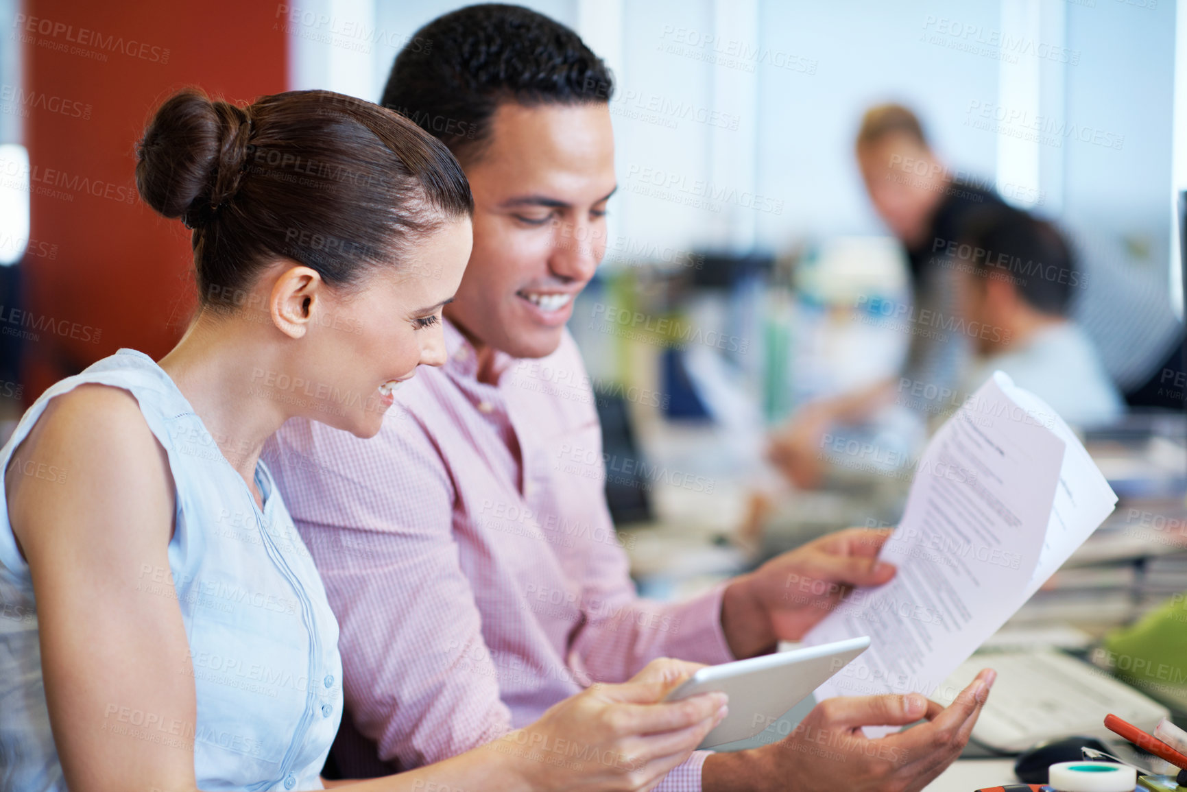 Buy stock photo Business, paperwork and woman on tablet in meeting for internal audit, budget review or accuracy. Tech, auditor or happy with documents at accounting firm for bookkeeping, compare invoice or teamwork