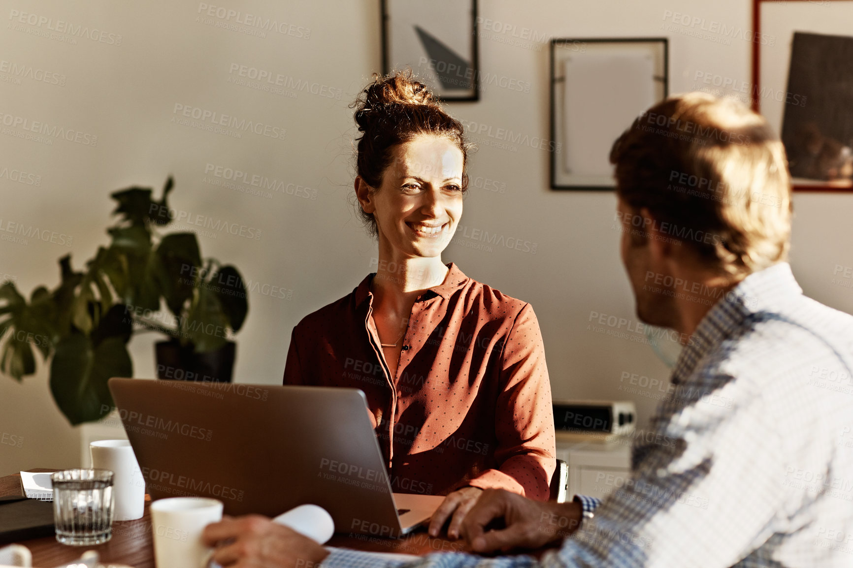 Buy stock photo Laptop, research and smile with couple in home for budget, account balance and finance. Digital bookkeeping, internet banking and partner with man and woman with tech for income report and planning