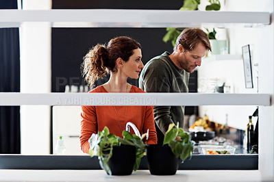 Buy stock photo Shot of a smiling mature couple cooking together in their kitchen