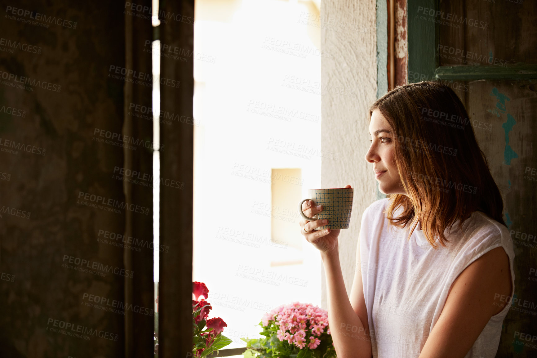 Buy stock photo Coffee, relax and woman by window with morning ideas, inspiration and daydreaming in home. Happy, thinking and person in living room with drink for reflection, wellness or satisfaction on weekend