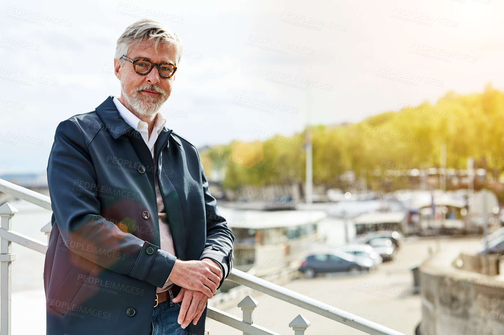 Buy stock photo Outdoor, portrait and businessman with glasses, bridge and real estate developer with career growth. City, employee and mature person with eyewear, space and ambitious for property development