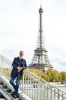 Buy stock photo Portrait of a handsome mature man with the Eiffel Tower in the background