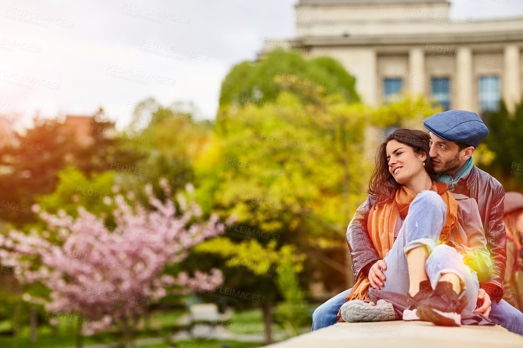 Buy stock photo Hug, romance and thinking with couple outdoor together for holiday, sightseeing or vacation abroad. Flare, love and space with people embracing in spring nature for connection, honeymoon or travel