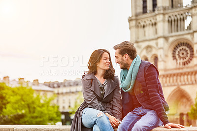 Buy stock photo Shot of a happy young couple enjoying a day together in Paris