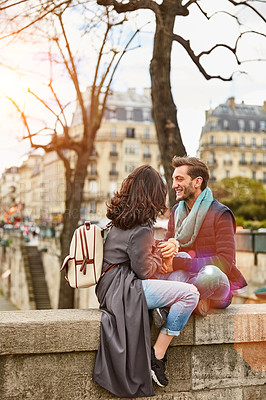 Buy stock photo Shot of a happy young couple enjoying a day together in Paris