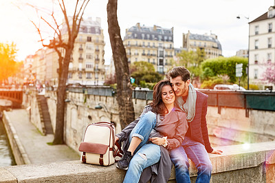 Buy stock photo Shot of a happy young couple enjoying a day together in Paris