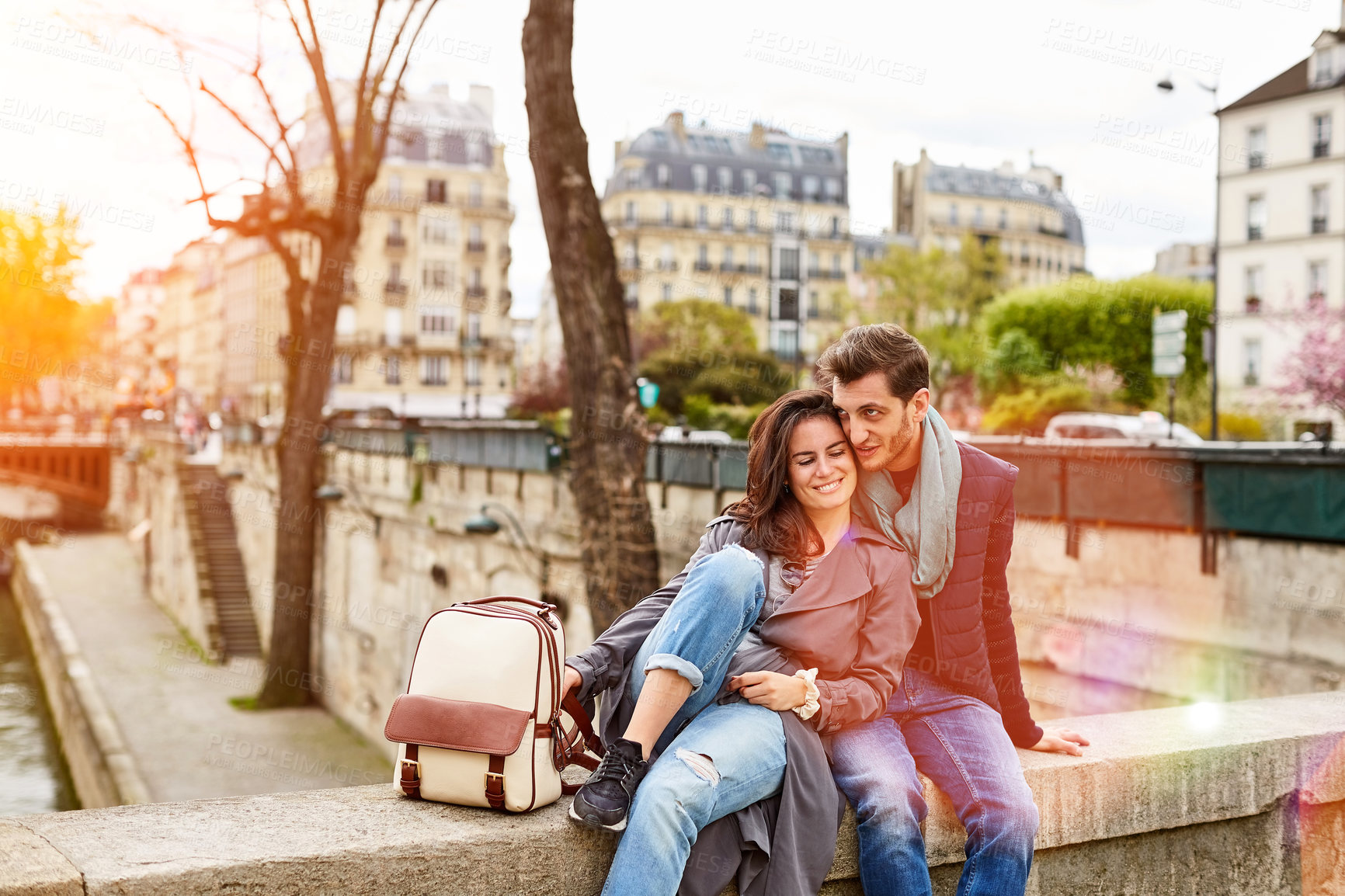 Buy stock photo Tourism, relax and couple in city with love, sightseeing and outdoor bonding on holiday trip. Break, smile or people in town with travel together, connection or happy relationship on tourist vacation