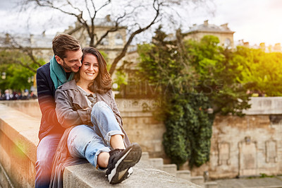 Buy stock photo Shot of a happy young couple enjoying a day together in Paris