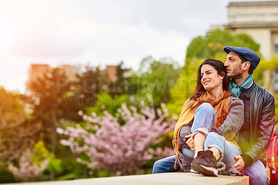 Buy stock photo Shot of a happy young couple enjoying a day together in Paris