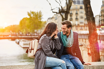 Buy stock photo Shot of a happy young couple enjoying a day together in Paris