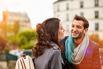Buy stock photo Shot of a happy young couple enjoying a day together in Paris