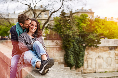 Buy stock photo Shot of a happy young couple enjoying a day together in Paris