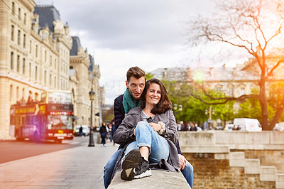 Buy stock photo Shot of a happy young couple enjoying a day together in Paris