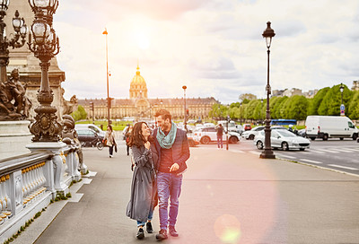 Buy stock photo Shot of a happy young couple enjoying a day together in Paris