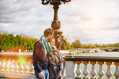 Buy stock photo Shot of a happy young couple enjoying a day together in Paris