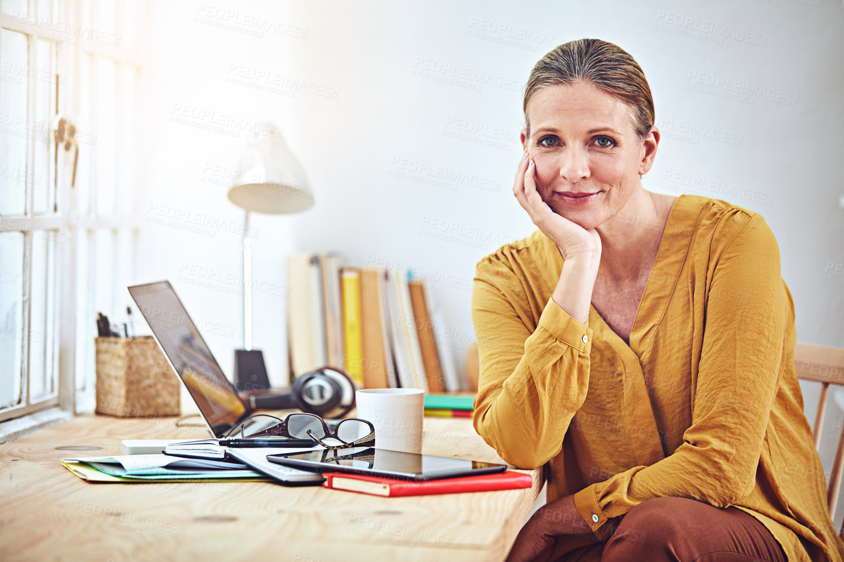 Buy stock photo Laptop, freelancer and portrait with woman in home office for blogger, virtual editor or newsletter. Online magazine article, remote worker or email marketing with mature person in house for research
