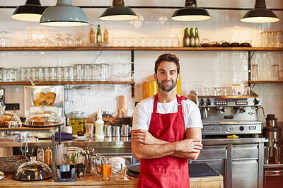 Buy stock photo Portrait of a male barista on duty in a coffee shop
