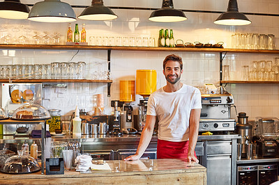 Buy stock photo Portrait of a male barista on duty in a coffee shop