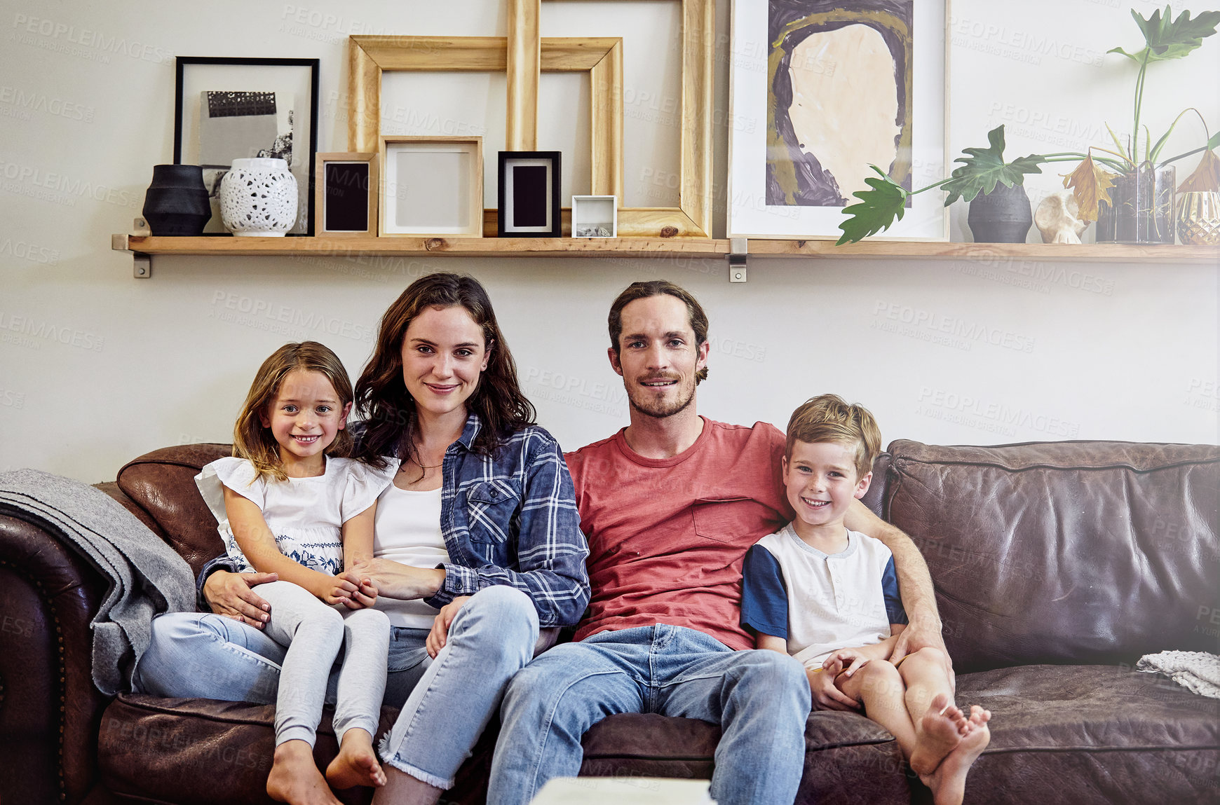 Buy stock photo Love, portrait and relax with family on sofa in home living room together for break or support. Connection, parents and smile of sibling children in apartment for relationship, security or trust