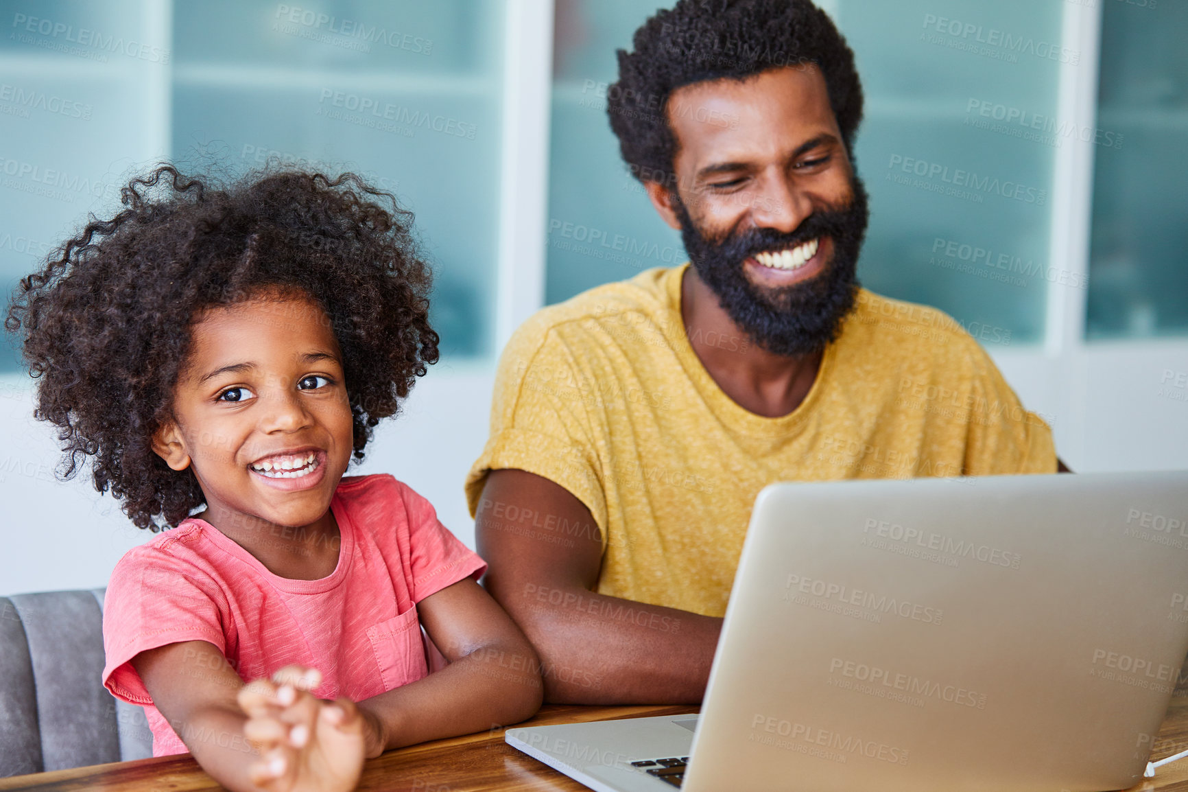 Buy stock photo Man, child and laptop in home for streaming, watch cartoon or gaming for bonding with smile. Black family, happy father and boy with entertainment, online games and quality time together at house