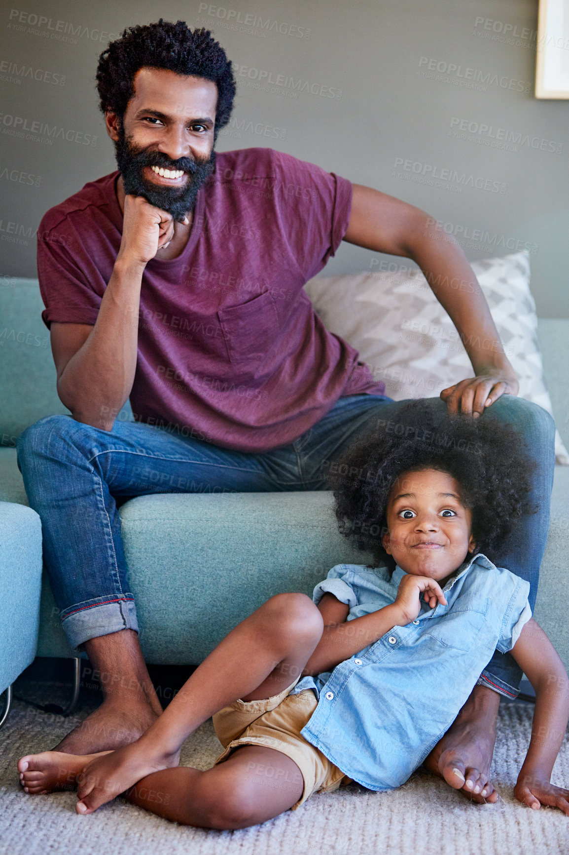 Buy stock photo Smile, relax and father with son on sofa in home for bonding, connection and weekend break together. Love, portrait and trust with black man and child in living room of family house for support