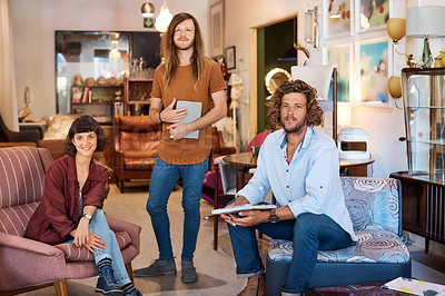 Buy stock photo Portrait of three colleagues in a furniture store