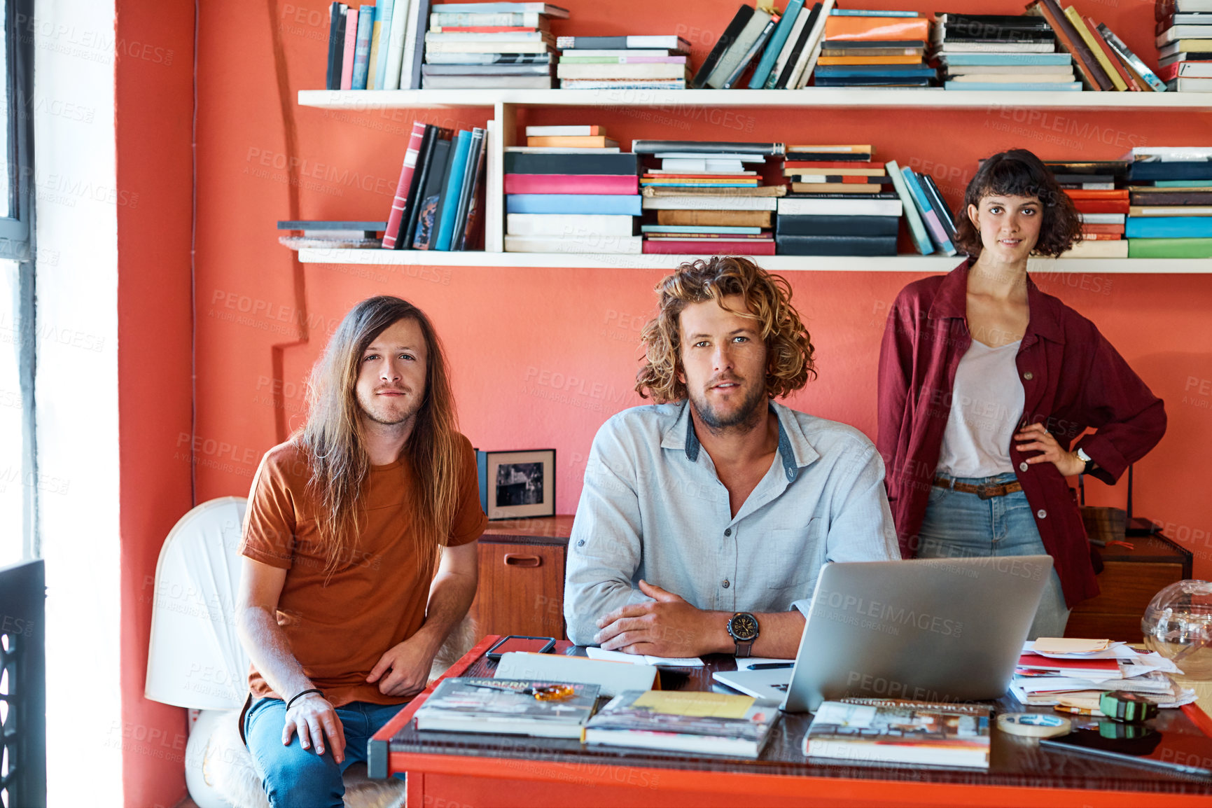 Buy stock photo Portrait of three colleagues in a modern office