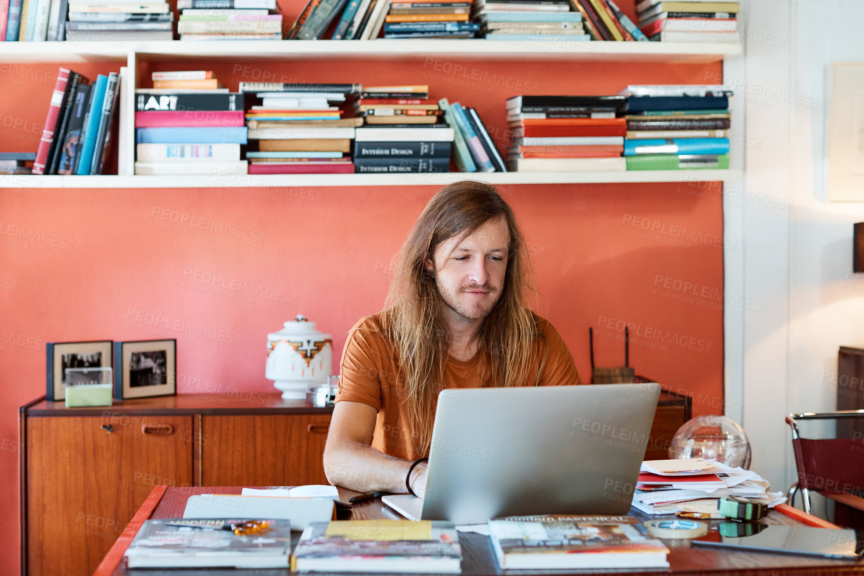 Buy stock photo Publishing, books and man on laptop in office for editorial schedule, literature project or planning. Creative, agency and person on computer for proofreading manuscript, article and editor feedback
