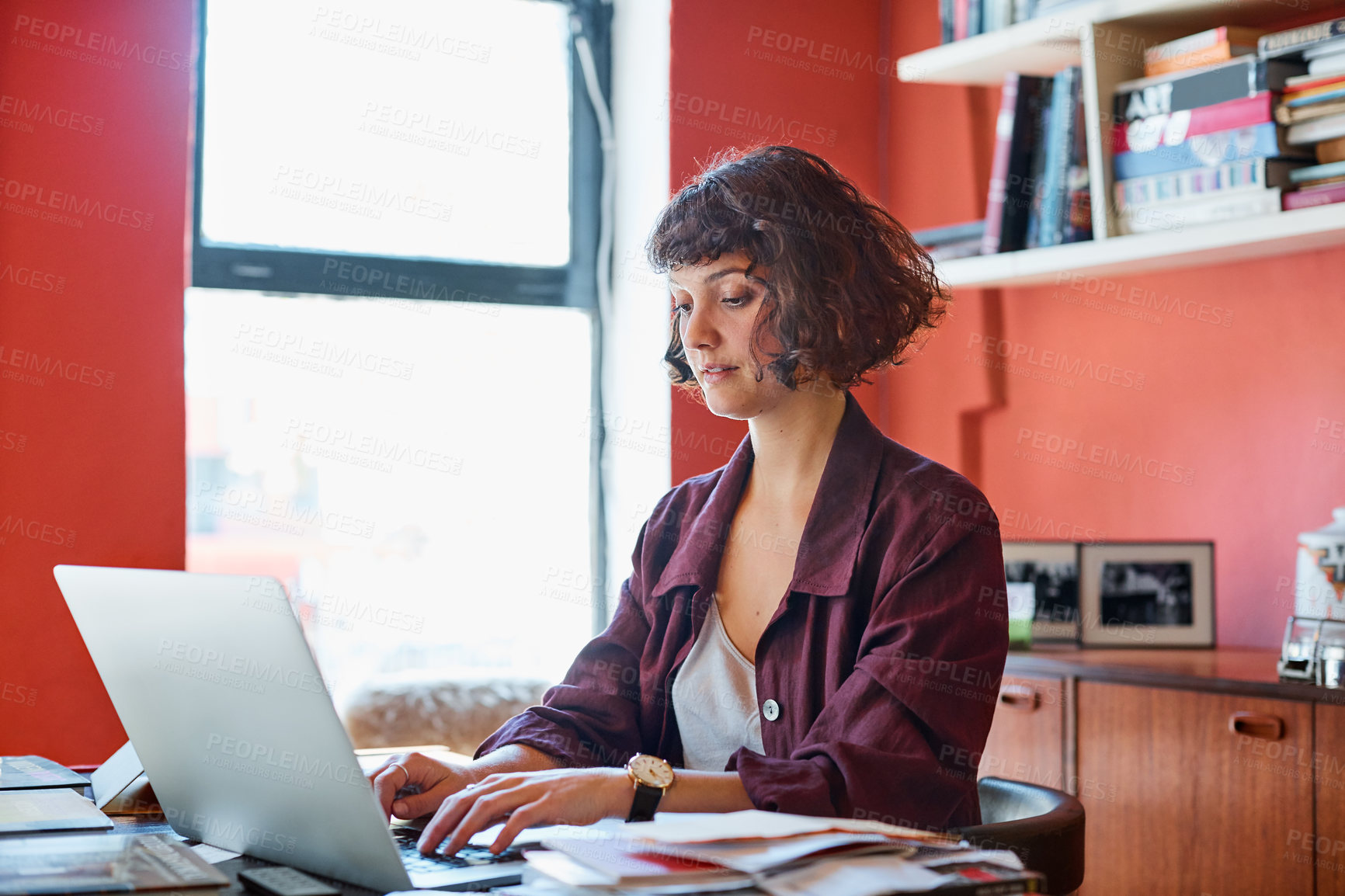 Buy stock photo Publishing, typing and woman on laptop in office for book schedule, literature project or research. Creative, agency and person on computer for proofreading manuscript, article and editor feedback