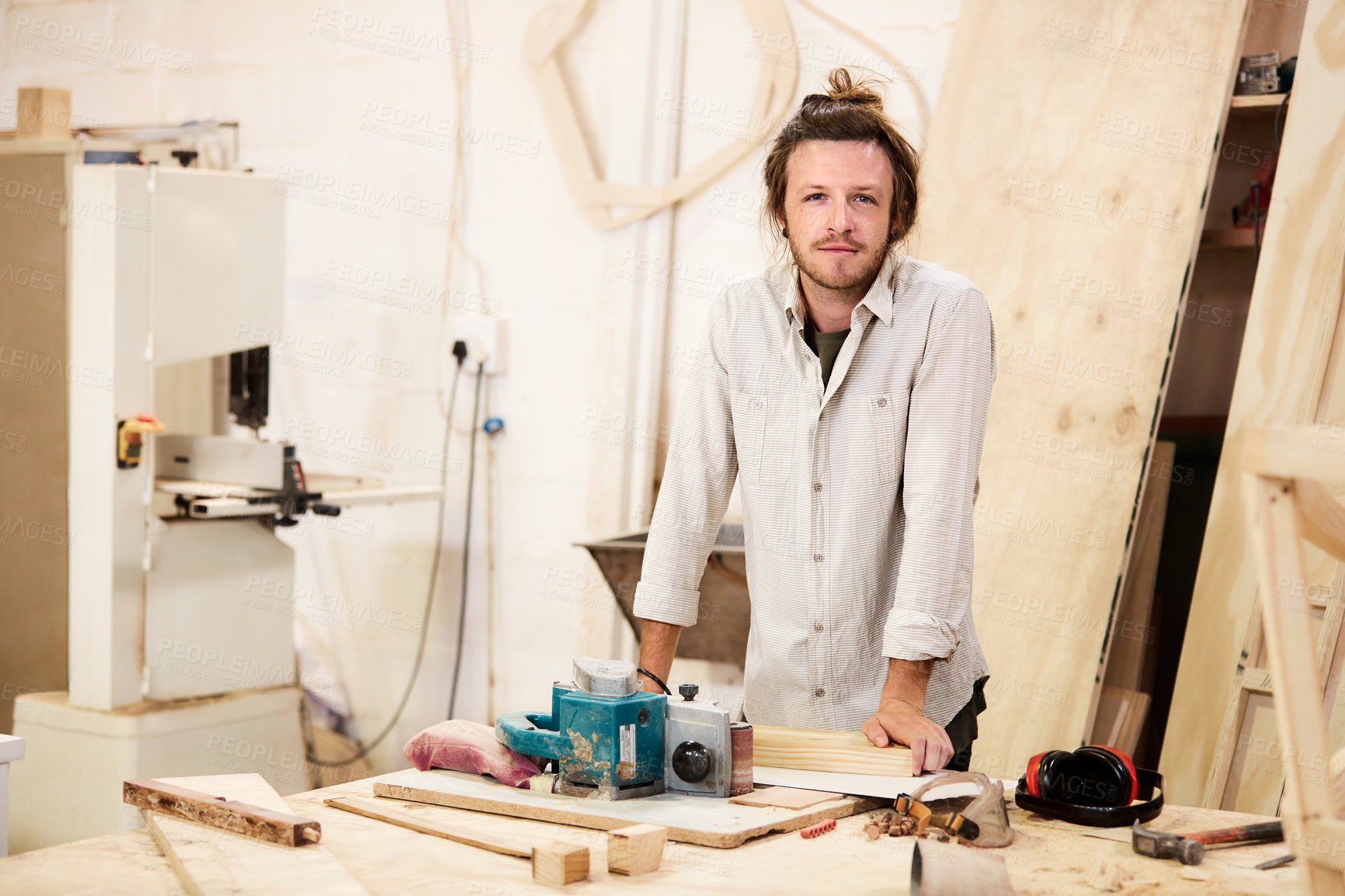 Buy stock photo Man, carpenter or furniture business in workshop for crafting, wood production or development. Portrait, male person or timber designer with equipment or gear for carpentry service or lumber project