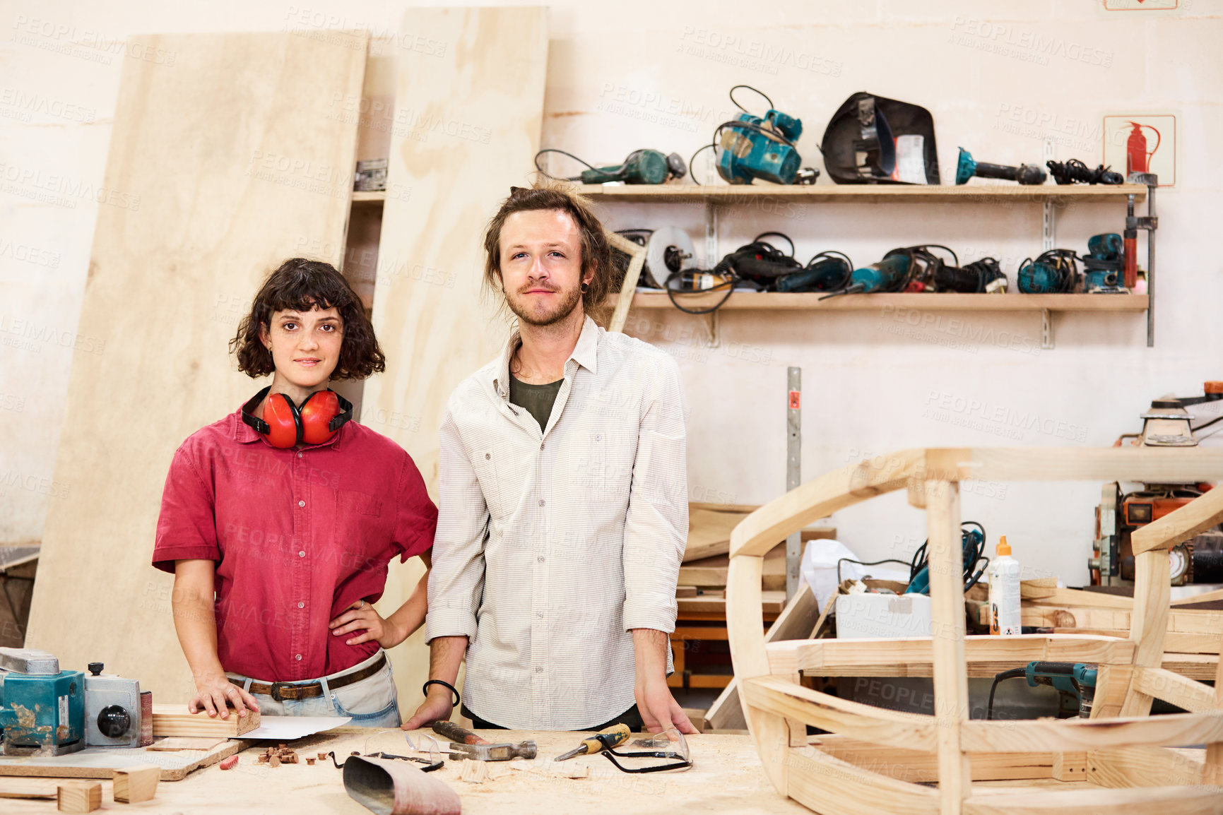 Buy stock photo Carpentry, team and people in workshop for timber business, about us and manufacturing. Factory, woodworking and portrait of man and woman for lumber production, carpenter service or furniture repair