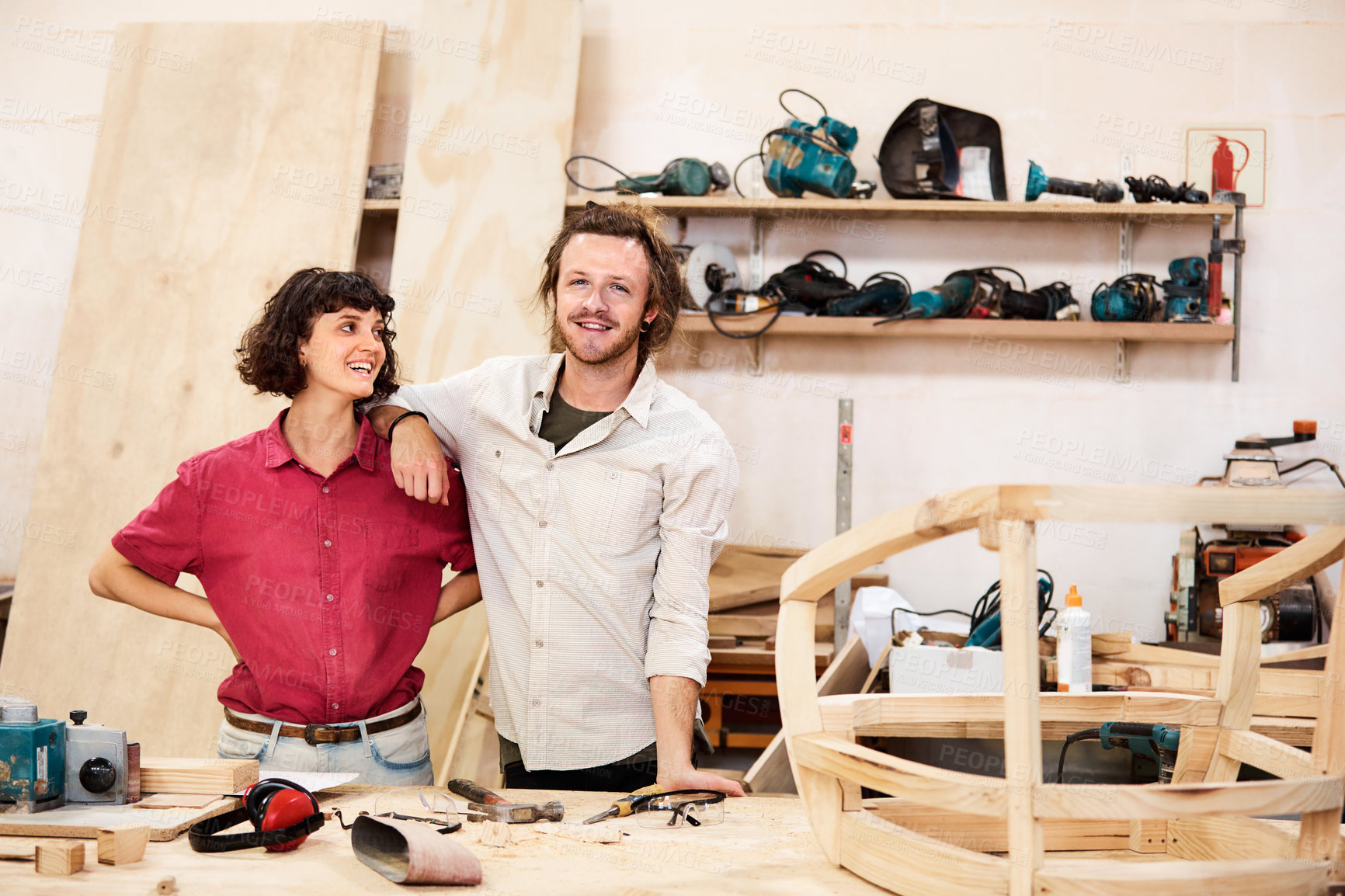 Buy stock photo Carpentry, happy and team of people in workshop for timber business, about us and manufacturing. Factory, portrait and man with woman for furniture production, carpenter service or woodworking repair