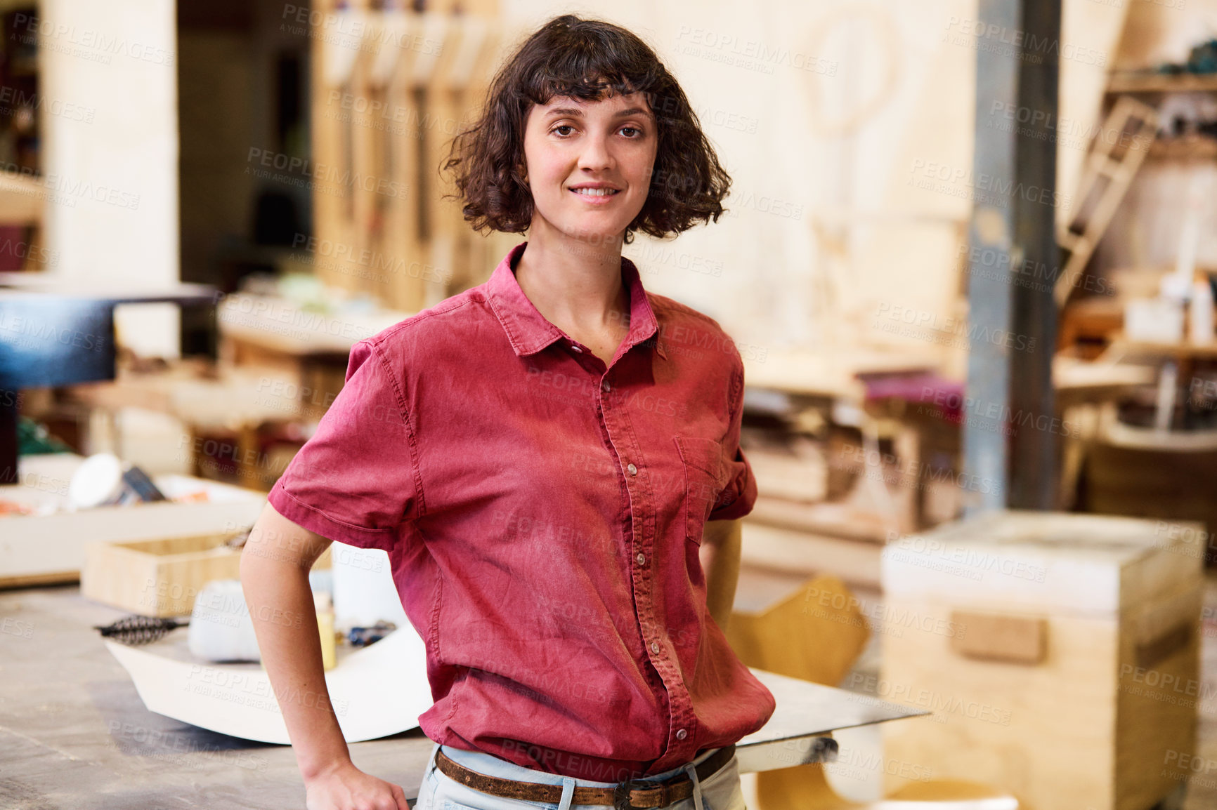 Buy stock photo Woman, carpenter or workshop with confidence in small business for crafting or wood production. Portrait, female person or timber designer with smile or pride for lumber project or carpentry service