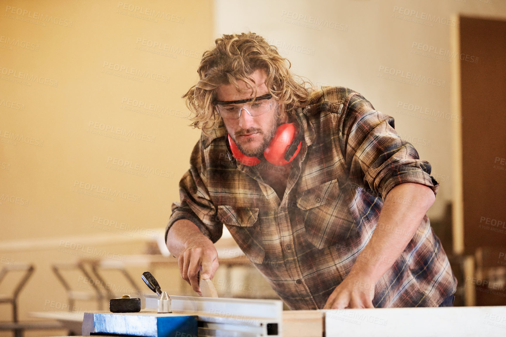 Buy stock photo Workshop, carpenter and man with inspection for quality, accuracy and dimension for lumber project. Carpentry, construction and person with wood for timber production, woodworking or furniture design