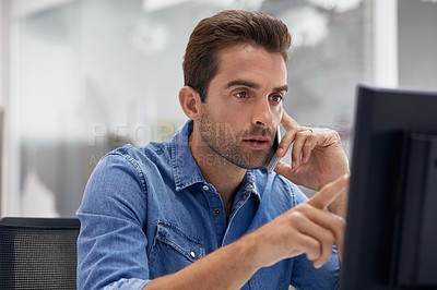 Buy stock photo Shot of a businessman using his cellphone in his office