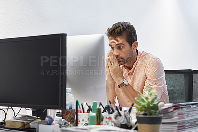 Buy stock photo Cropped shot of a businessman looking stressed while sitting at his desk
