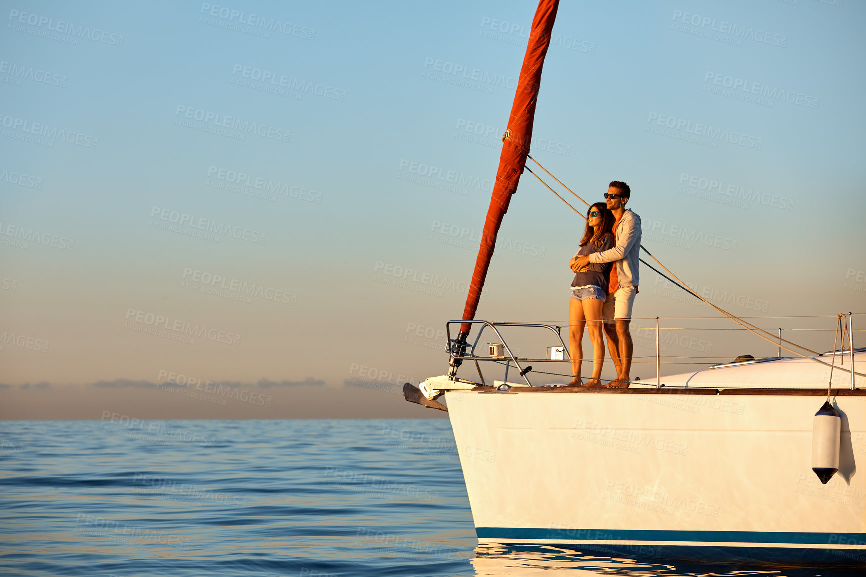 Buy stock photo Couple, hug and cruise on yacht with ocean view, sunglasses or companion for romantic summer getaway. Space, people and vacation trip at sea with boat journey, scenery and embrace for relationship.