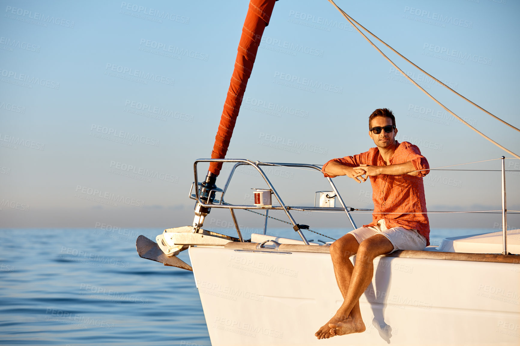 Buy stock photo Sea, relax and man on boat with sailing, cruise and luxury journey on outdoor vacation with space. Travel, summer holiday and person on yacht with nature, peace and nautical adventure on ocean.