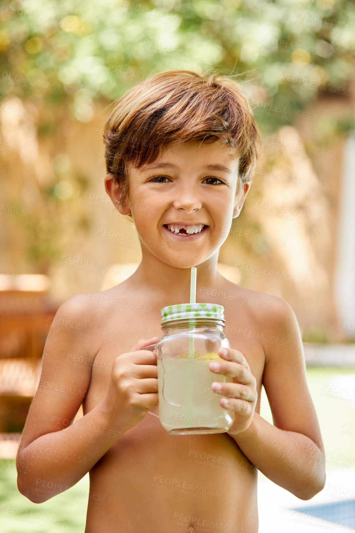 Buy stock photo Child, happy portrait and lemonade by swimming pool for summer fun, vacation or holiday outdoor. Boy kid, missing tooth and fresh drink or lemon juice in backyard with sunshine, smile and excited