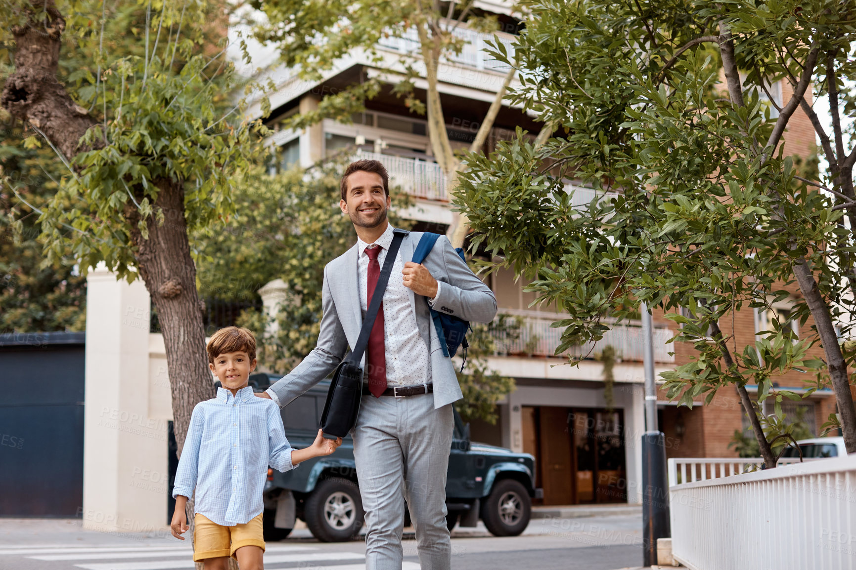 Buy stock photo Morning, dad and walk with child in city, education and travel together to school or family on road. Outdoor, happy man and commute with son, portrait and start day with parent and ready for work