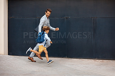 Buy stock photo Shot of a businessman walking his daughter to school