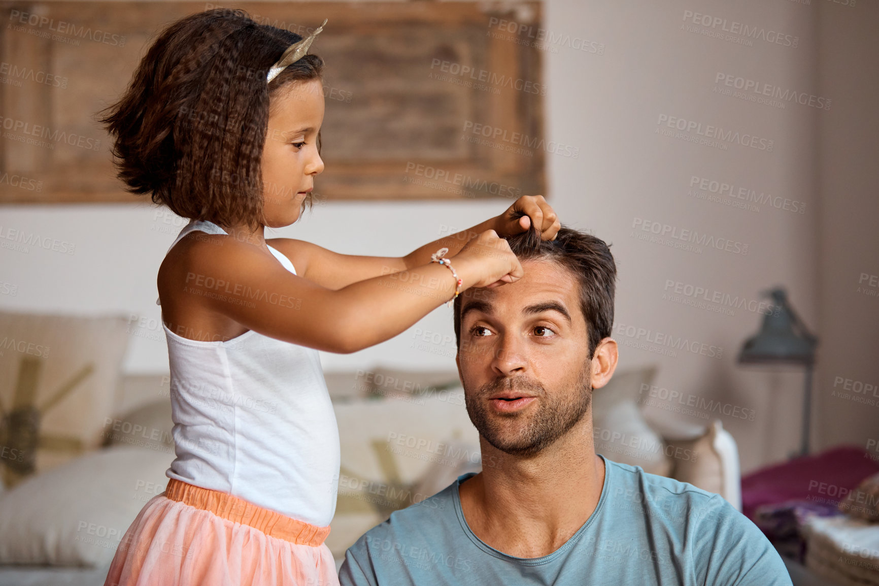 Buy stock photo Fun, father and girl in home with hair styling, happy connection and play pretend on weekend break. Love, dad and daughter with tool, grooming imagination and family bonding in healthy relationship.