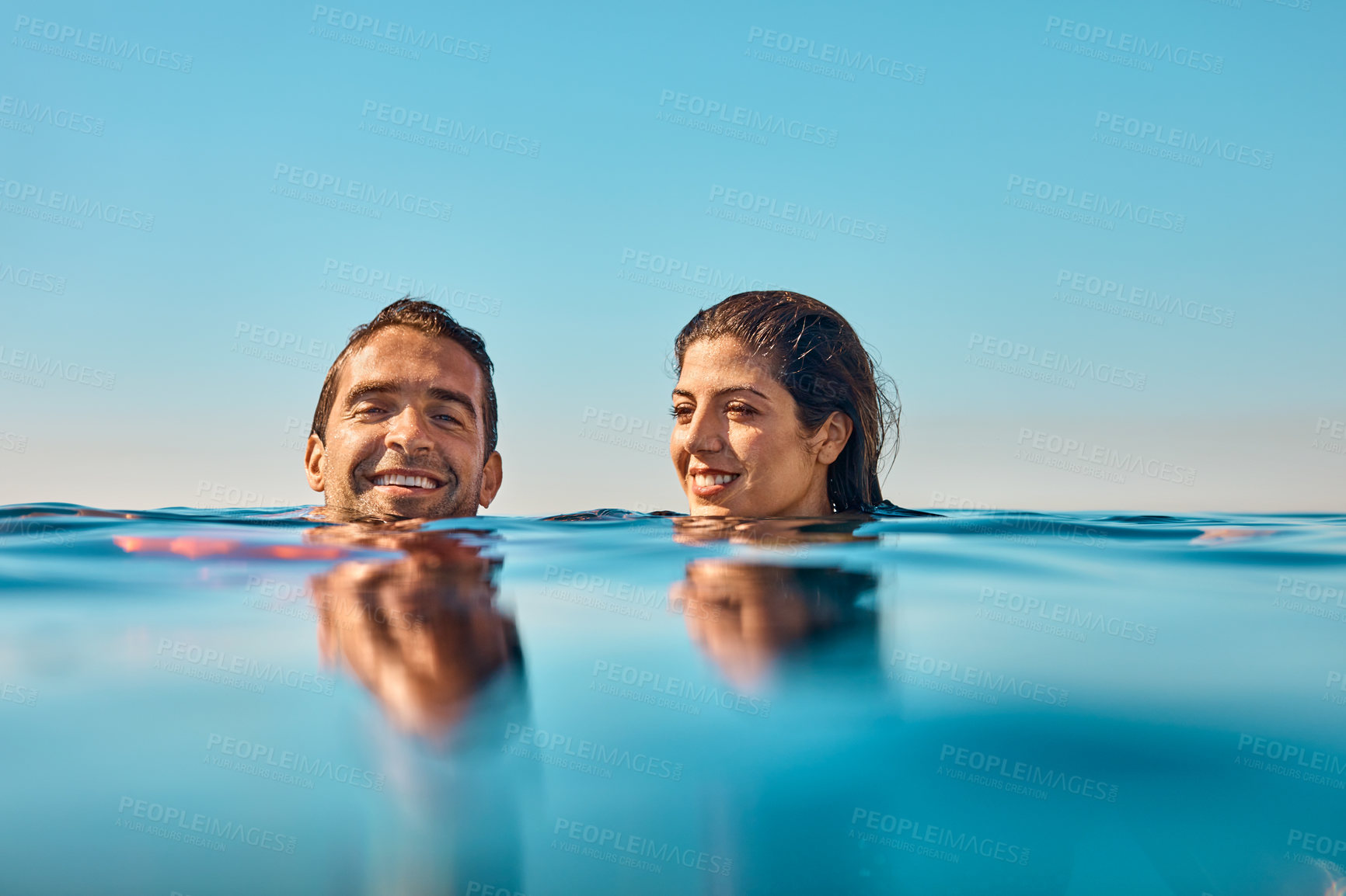 Buy stock photo Love, fun or couple at sea with swimming, relationship vacation or connection on summer holiday. Space, portrait or people with water activity, happy moment or outdoor bonding on romantic getaway.