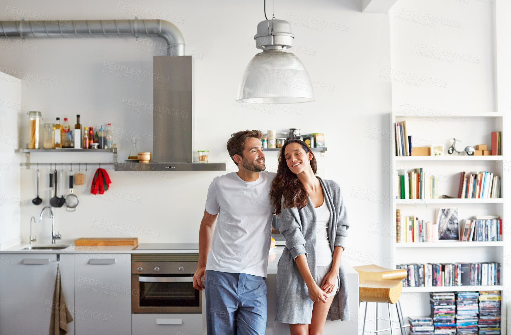 Buy stock photo Kitchen, happy and couple with love in morning, trust or thinking together for relationship wellness. Home, man and woman smile with partner support for connection, reflection and care with loyalty